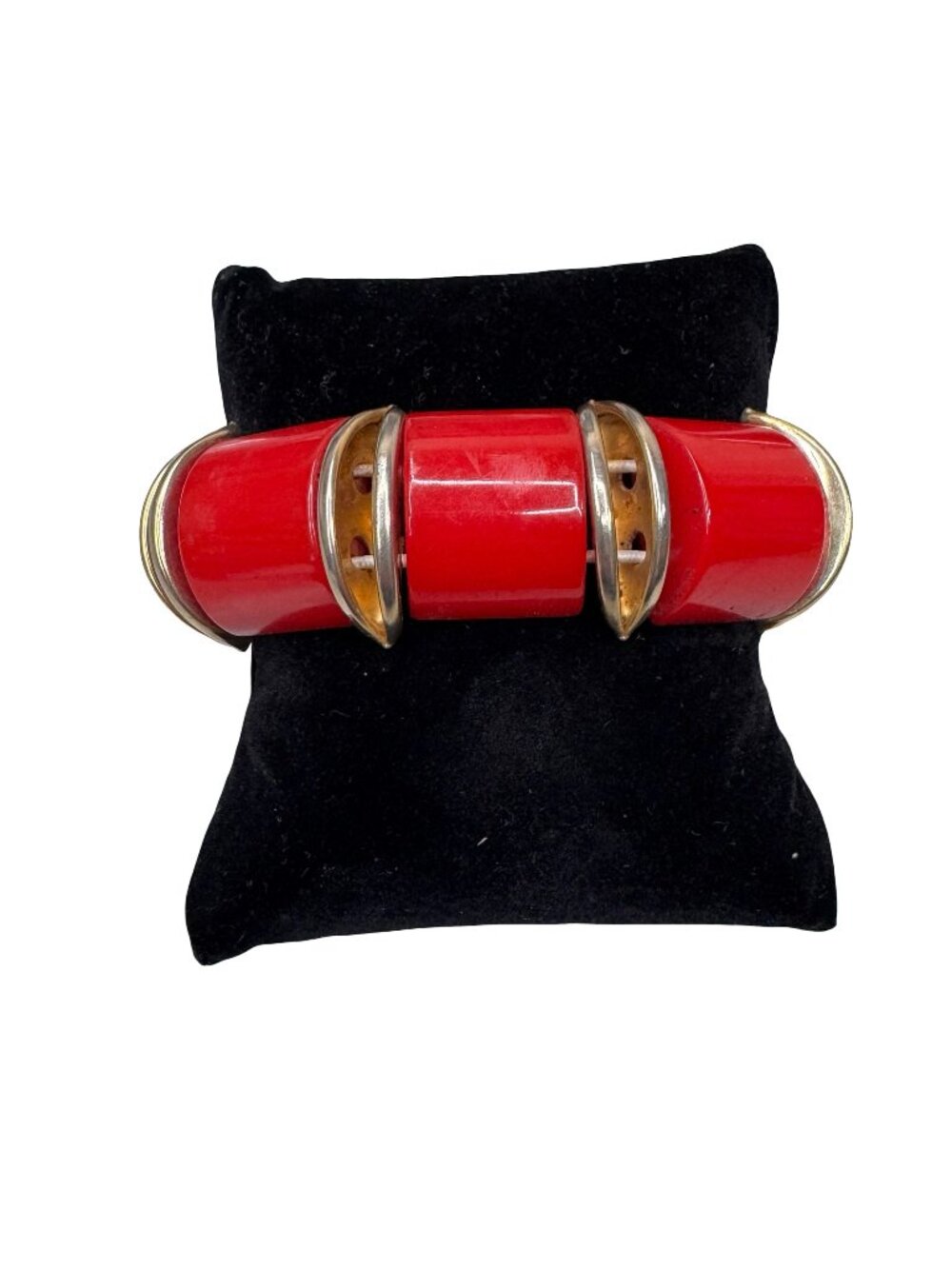 Vtg Red Catalin Bakelite Gold Tone Chunky Statement Stretchy Bracelet Retro Bold